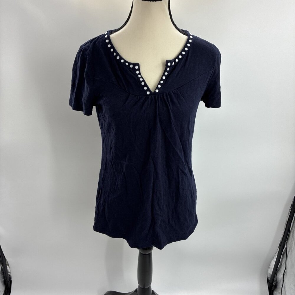 Talbots Womens Size P Petite Top Navy Blue Short Sleeve Emboidered Neckline